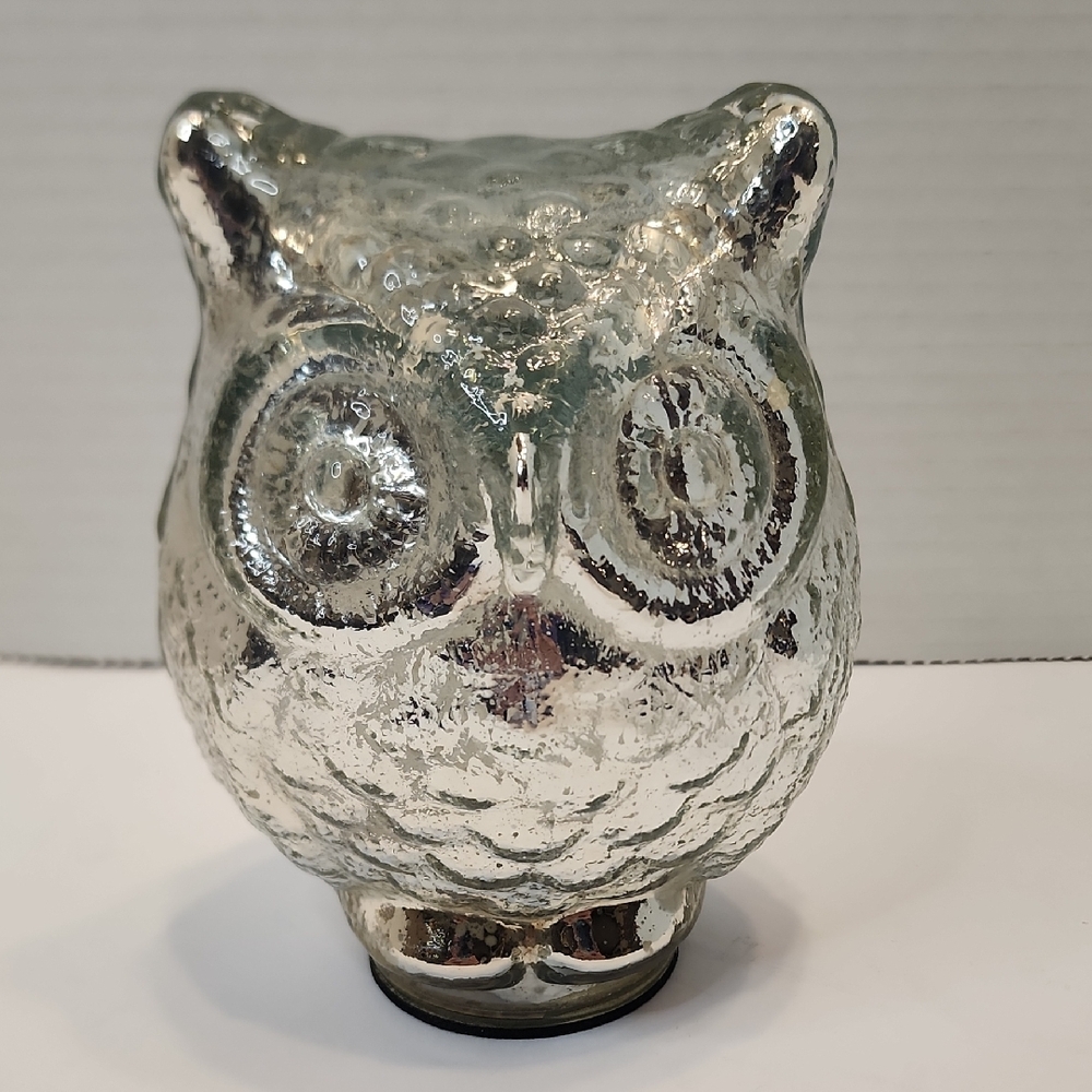 Glass OWL 5" X 4.5" SILVER MERCURY BLACK FELT BOTTOM